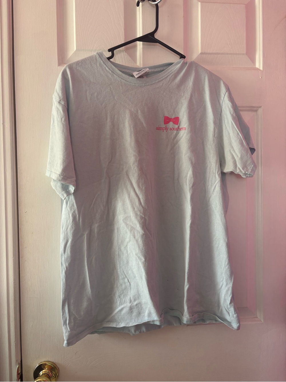 Simply Southern Light Blue Tee with Pink Bow Logo